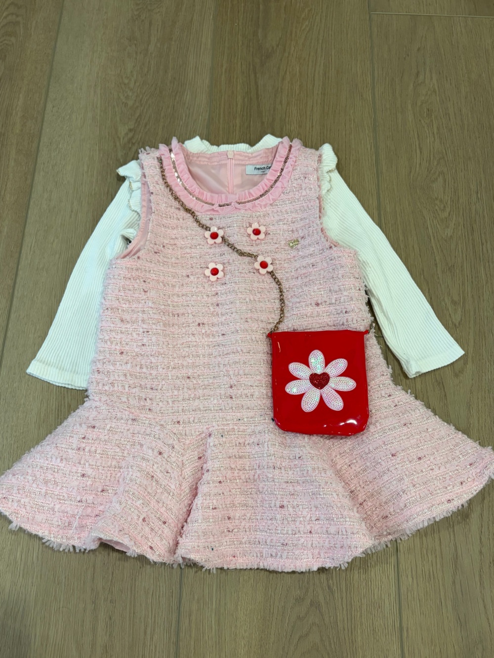3T-4T Pink Tweed Girls' Dress with White Long Sleeve Top